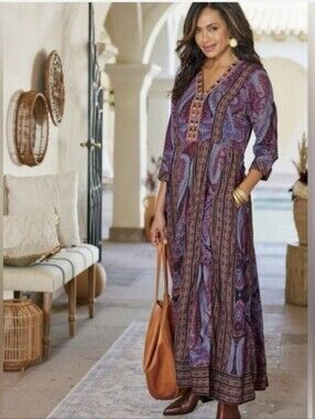Soft Surroundings Mira Embroidered & Beaded Paisley Longsleeve Maxi Dress - MP